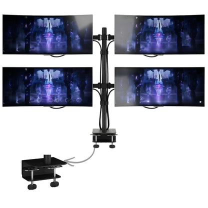 Quad monitor stand with four screens and desk clamp detail