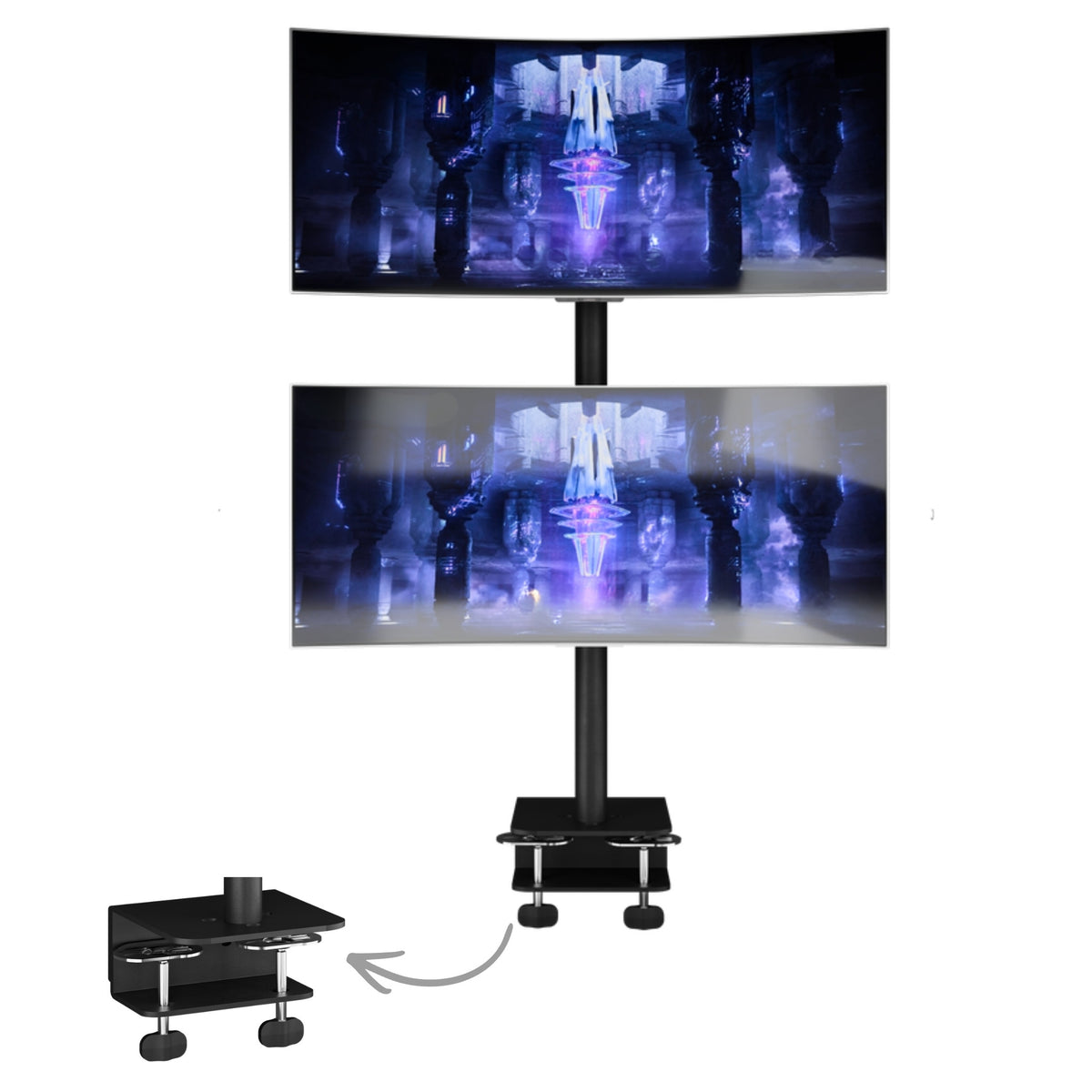 SUNCHHAYA vertical dual monitor stand with two screens stacked and dual C-clamp