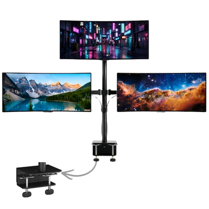 Triple monitor stand with three screens and desk clamp detail
