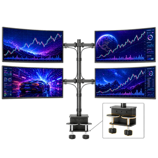 SUNCHHAYA quad monitor stand holding four monitors in a 2+2 layout with dual C-clamp