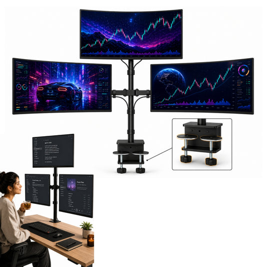 SUNCHHAYA triple monitor stand with one top and two bottom screens and dual C-clamp