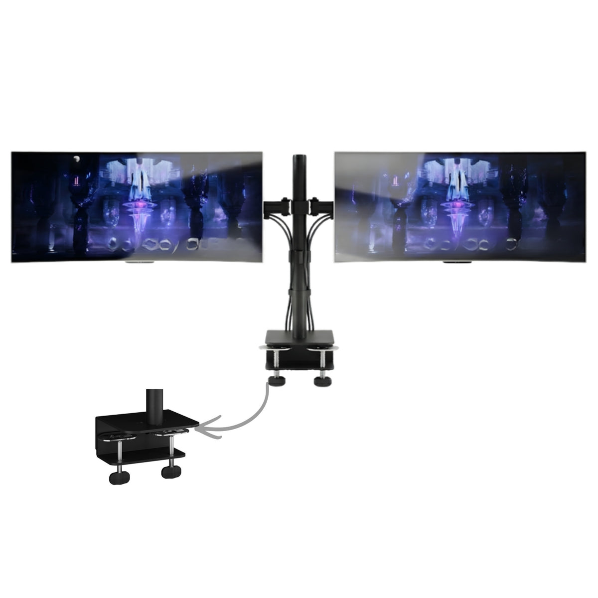 Dual monitor stand with two screens and desk clamp detail