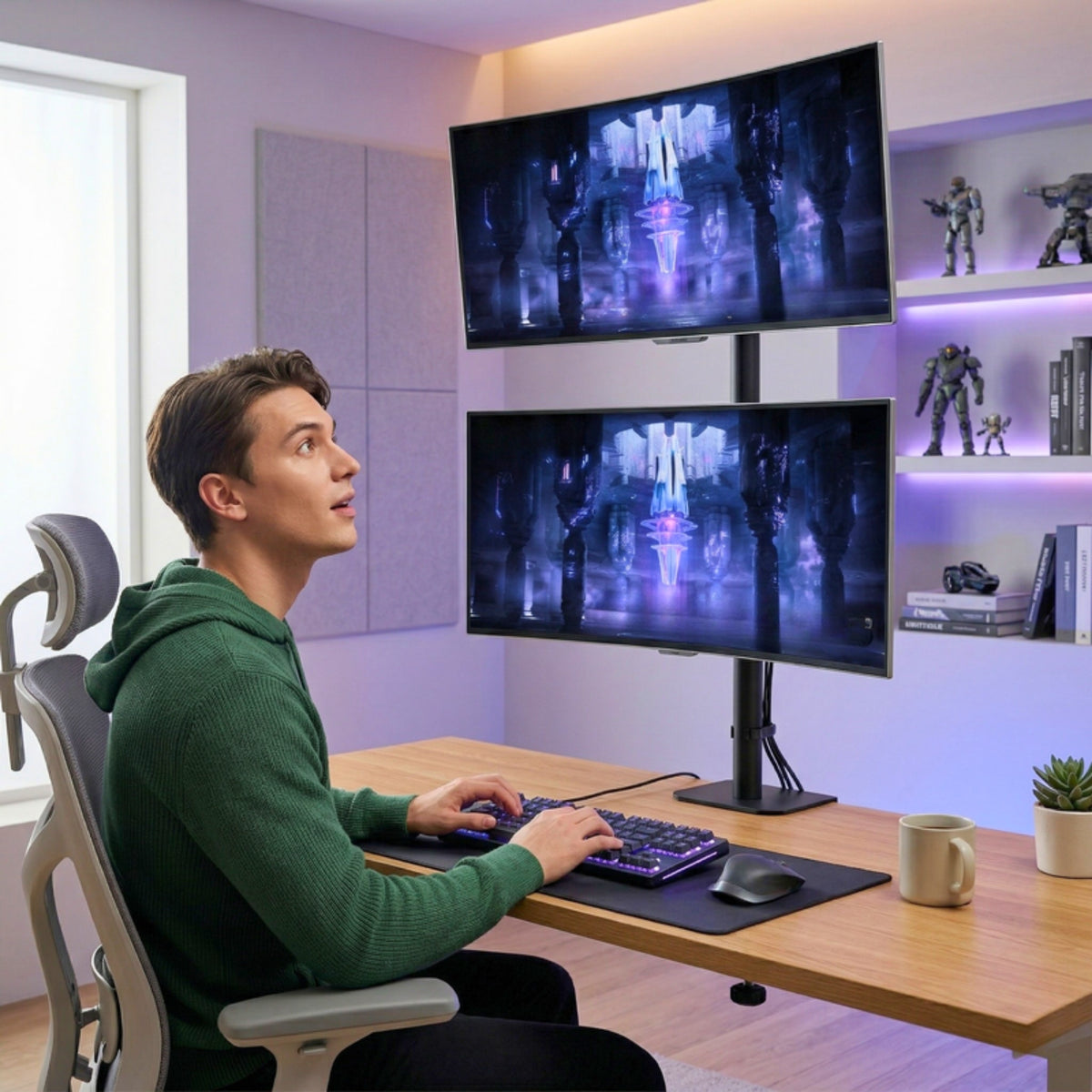 Vertical stacked dual monitor stand on a gaming desk