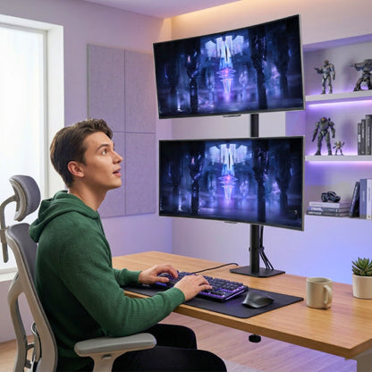 Vertical stacked dual monitor stand on a gaming desk