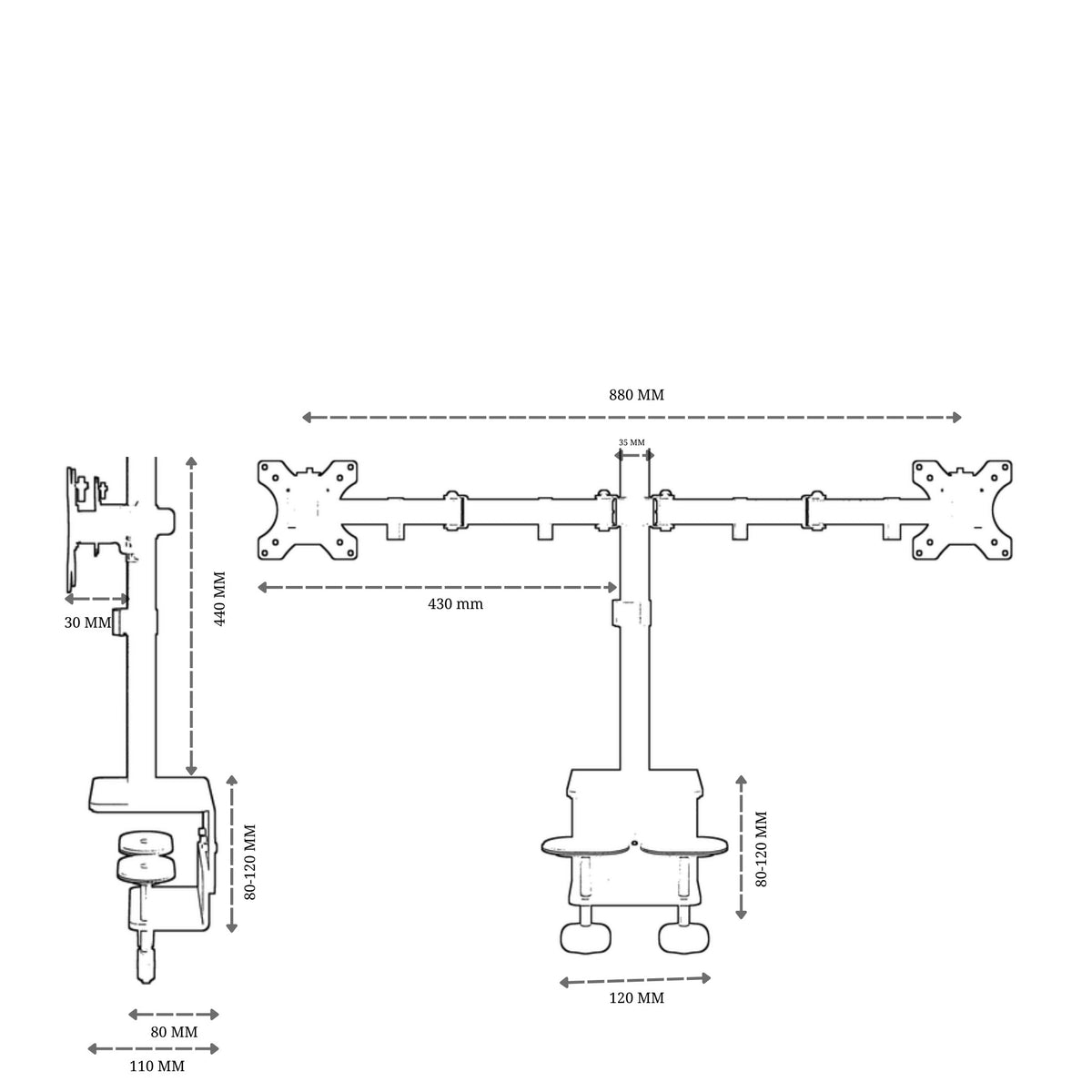Dual monitor stand dimension drawing