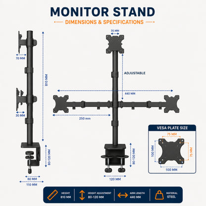 Triple monitor stand dimensions with 810 mm pole and VESA plate size