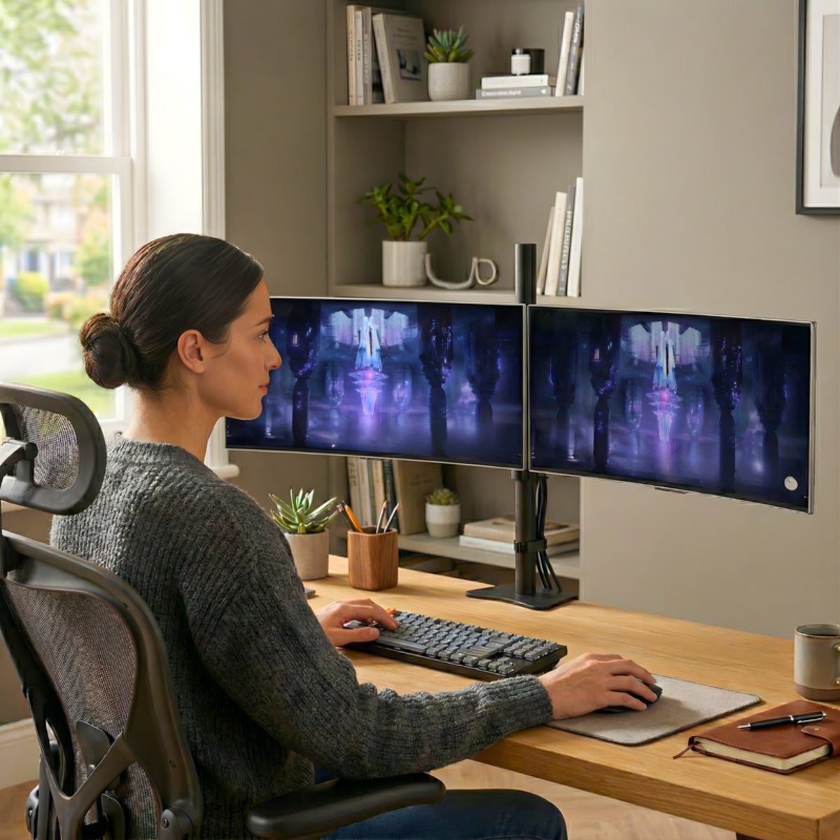 Dual monitor stand on a home office desk