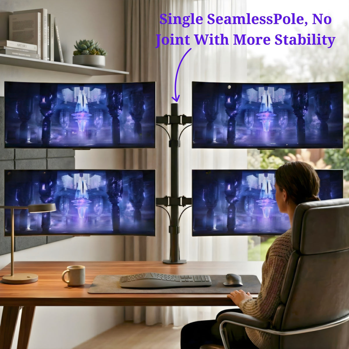 Quad monitor stand on a home office desk with single seamless pole