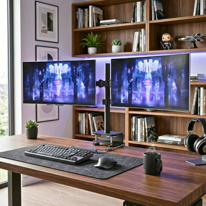 Dual monitor stand in a clean desk setup