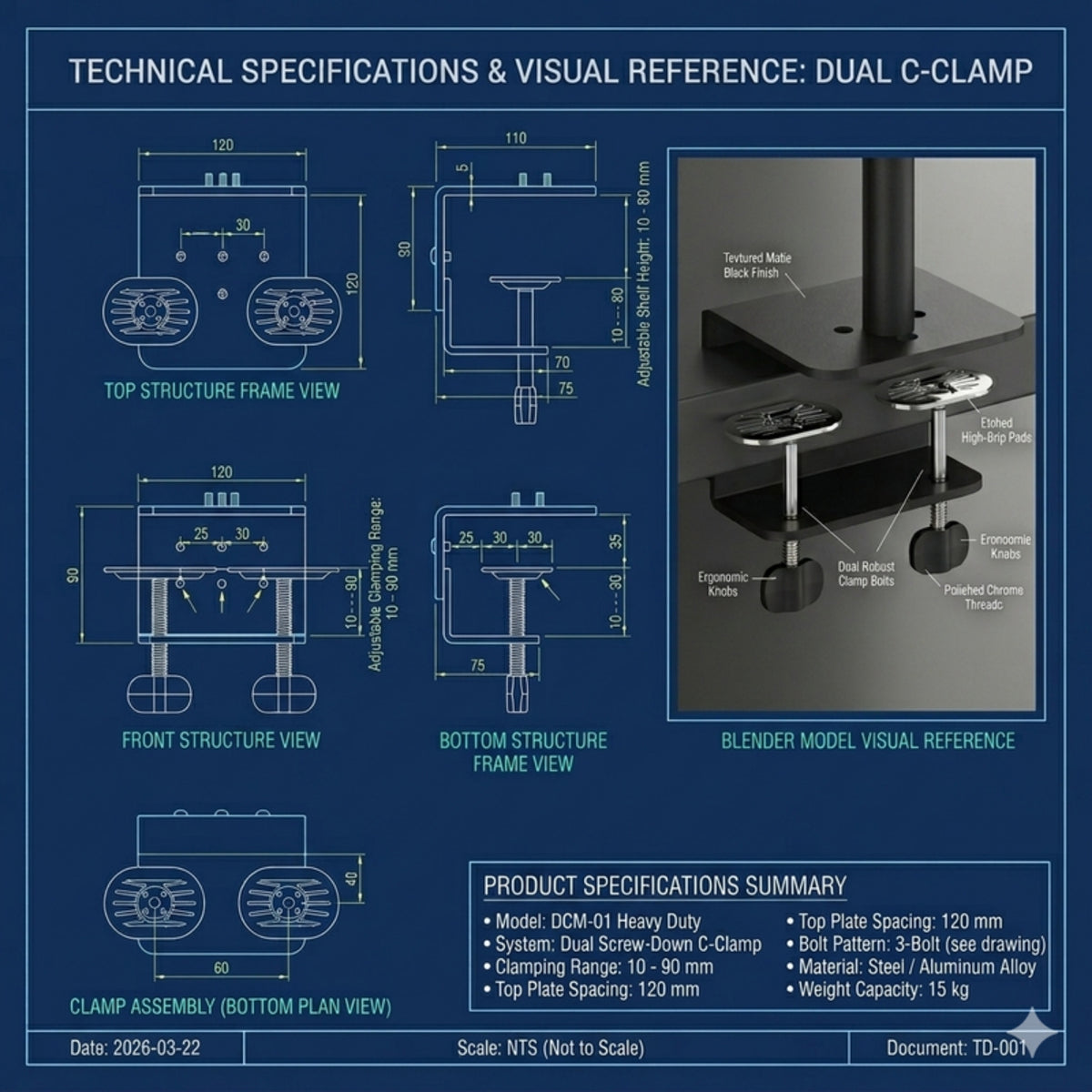 Dual C-clamp technical specification drawing