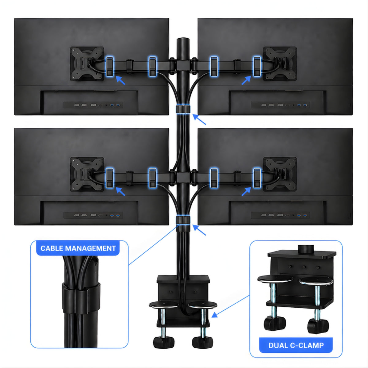 Rear view showing cable management clips and dual C-clamp
