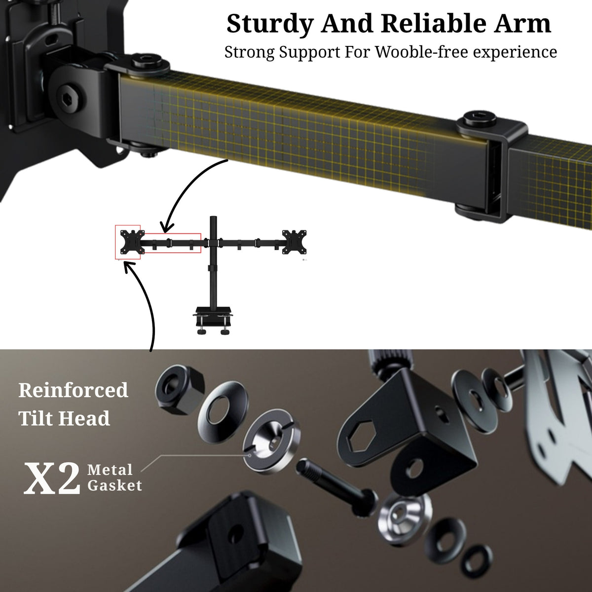 Reinforced tilt head and sturdy steel arm detail