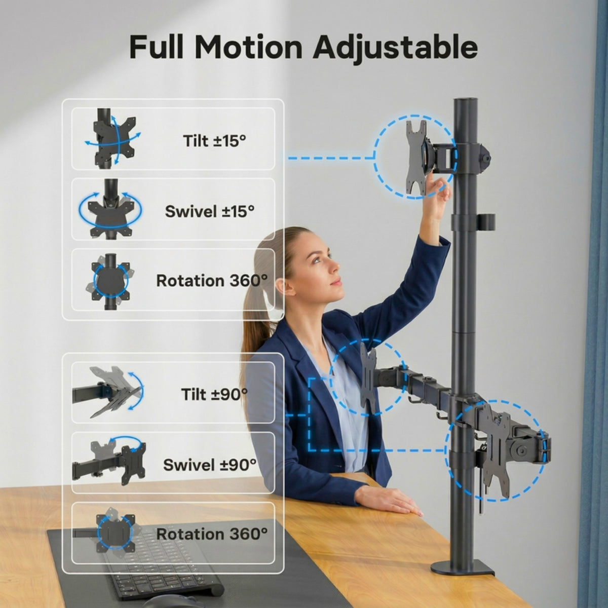 Full motion tilt, swivel and 360 degree rotation