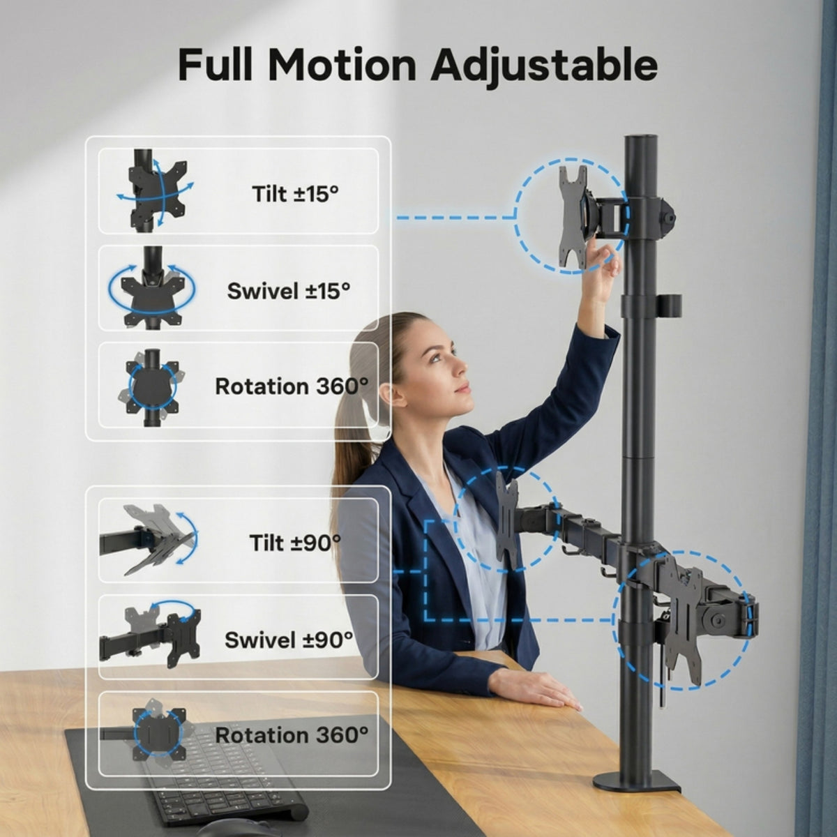 Full motion tilt, swivel and 360 degree rotation
