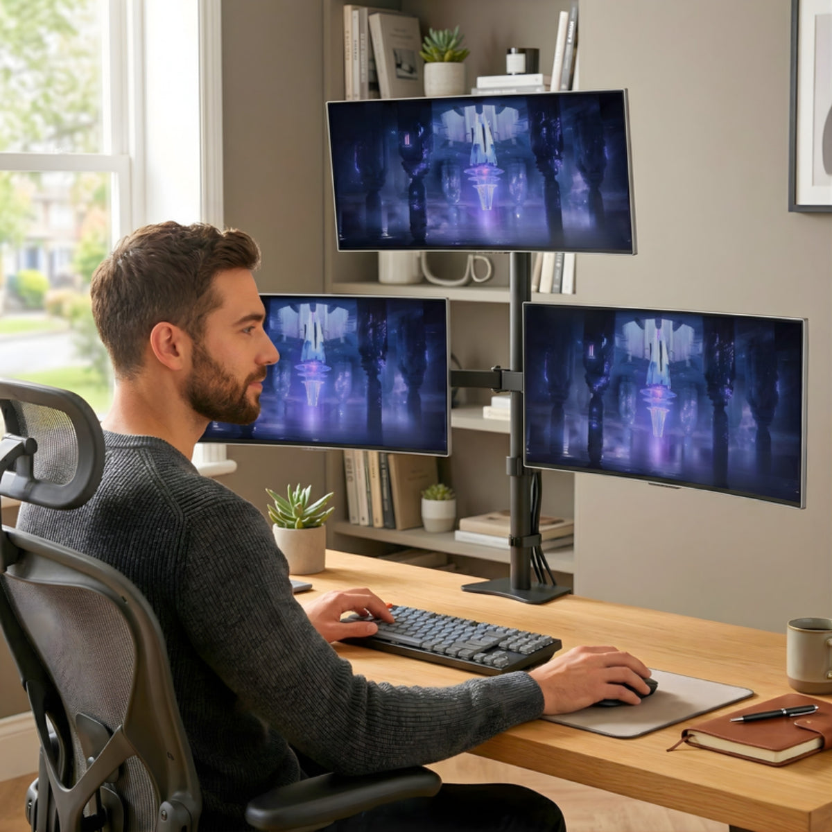 Triple monitor stand on a home office desk