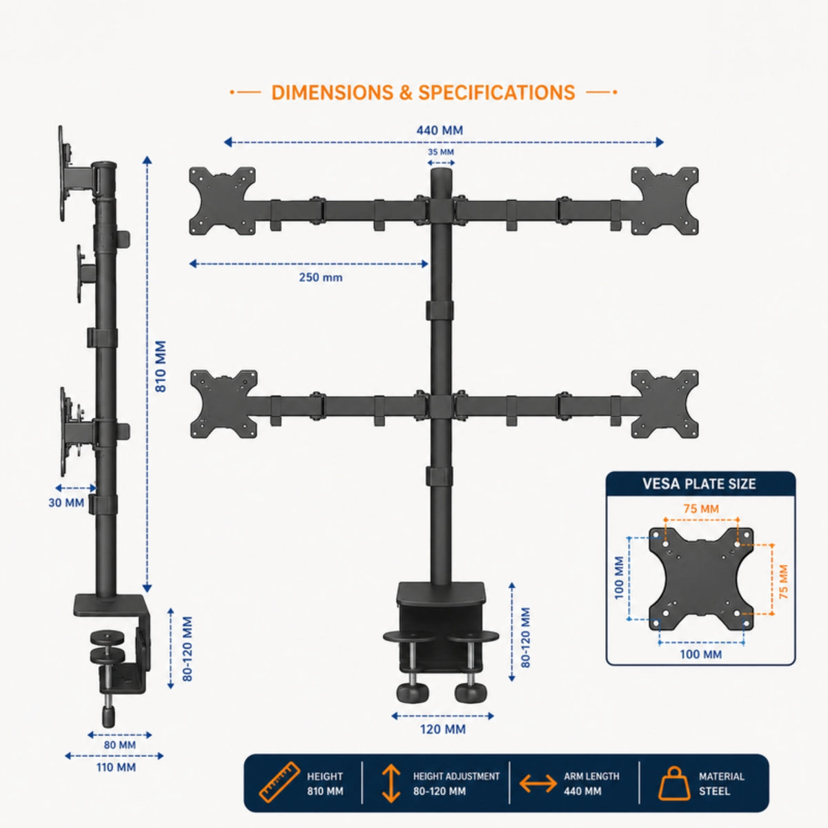 Quad monitor stand dimensions and VESA plate specifications