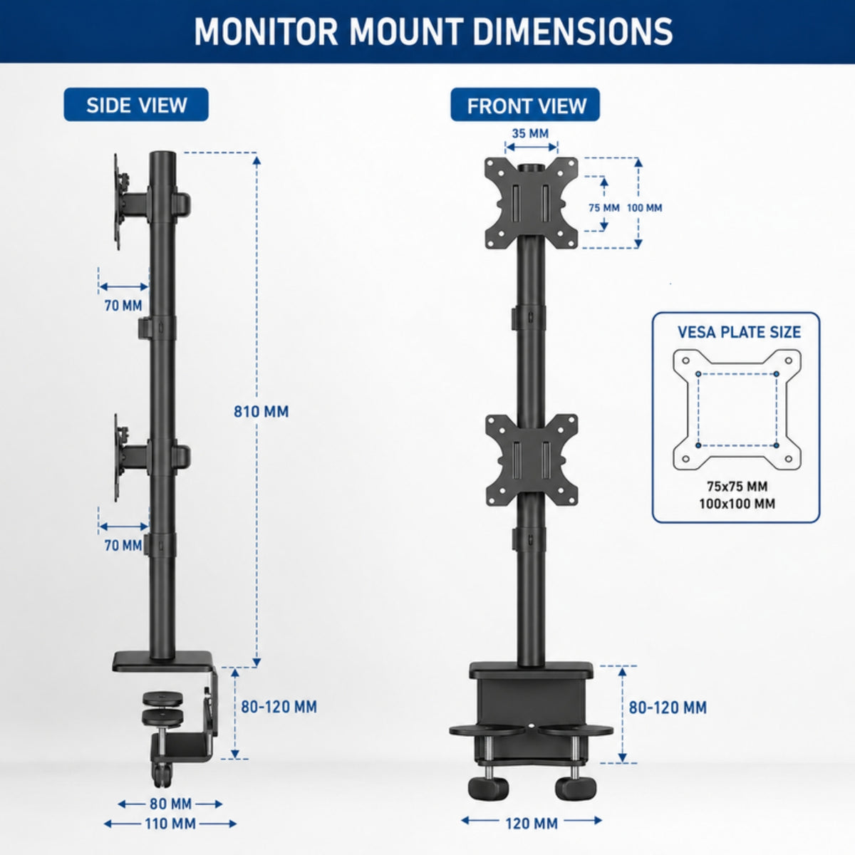 Vertical dual monitor mount dimensions with 810 mm pole and VESA plate size