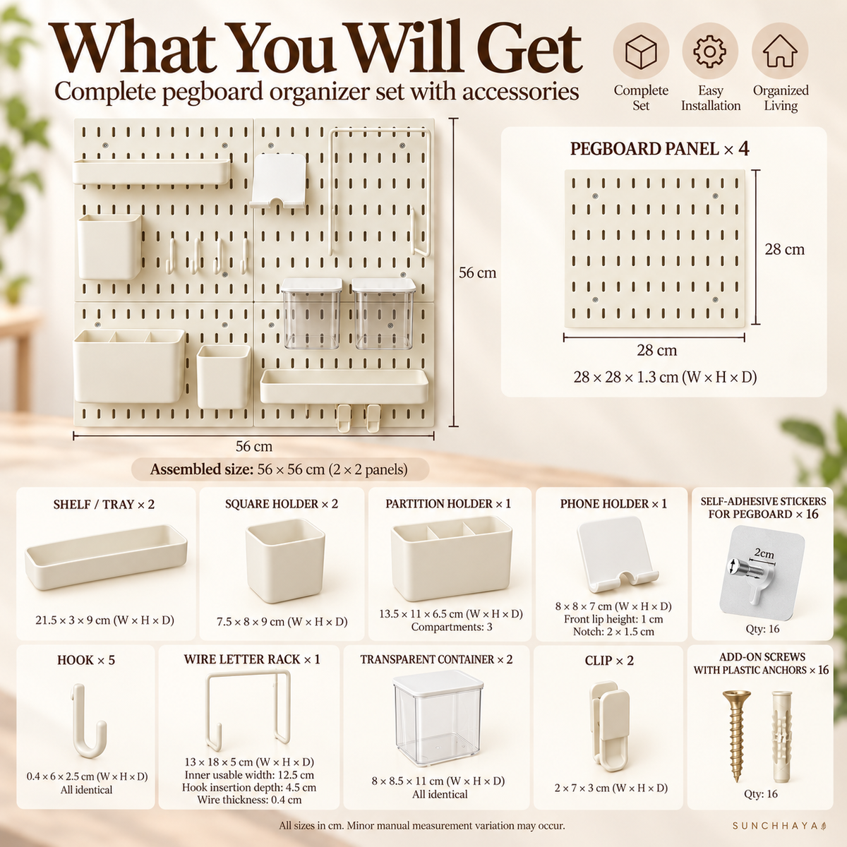 SUNCHHAYA Peg Board, Pegboard for Wall Organizer (White, 56x56 CM)