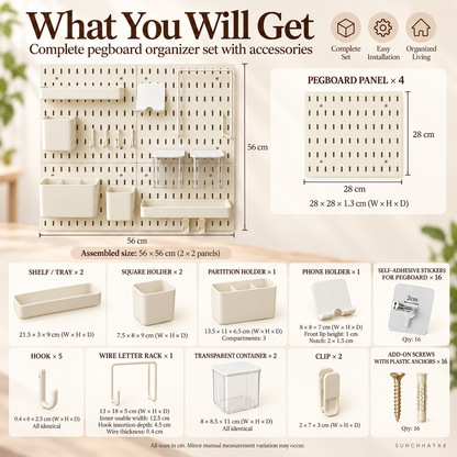 SUNCHHAYA Peg Board, Pegboard for Wall Organizer (White, 56x56 CM)