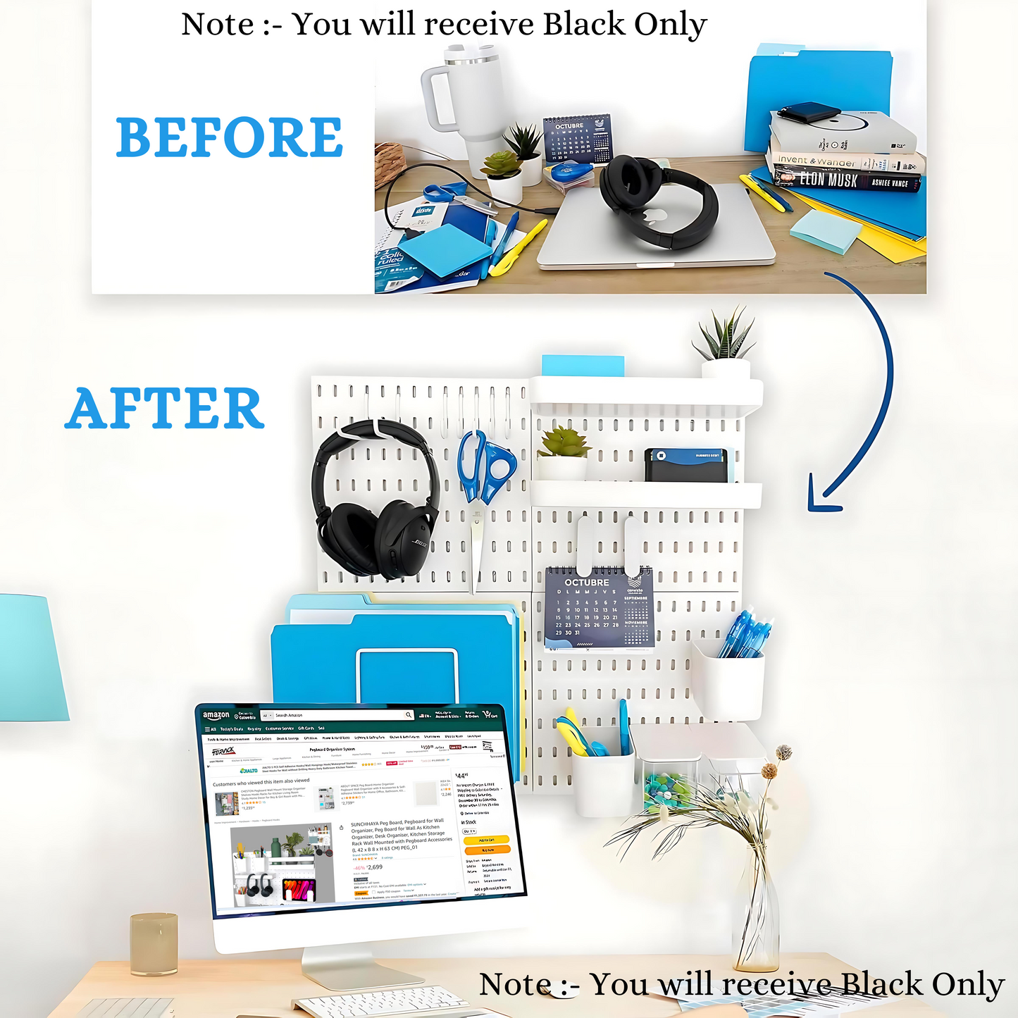 SUNCHHAYA Peg Board, Pegboard for Wall Organizer (Black, 56x56 CM)