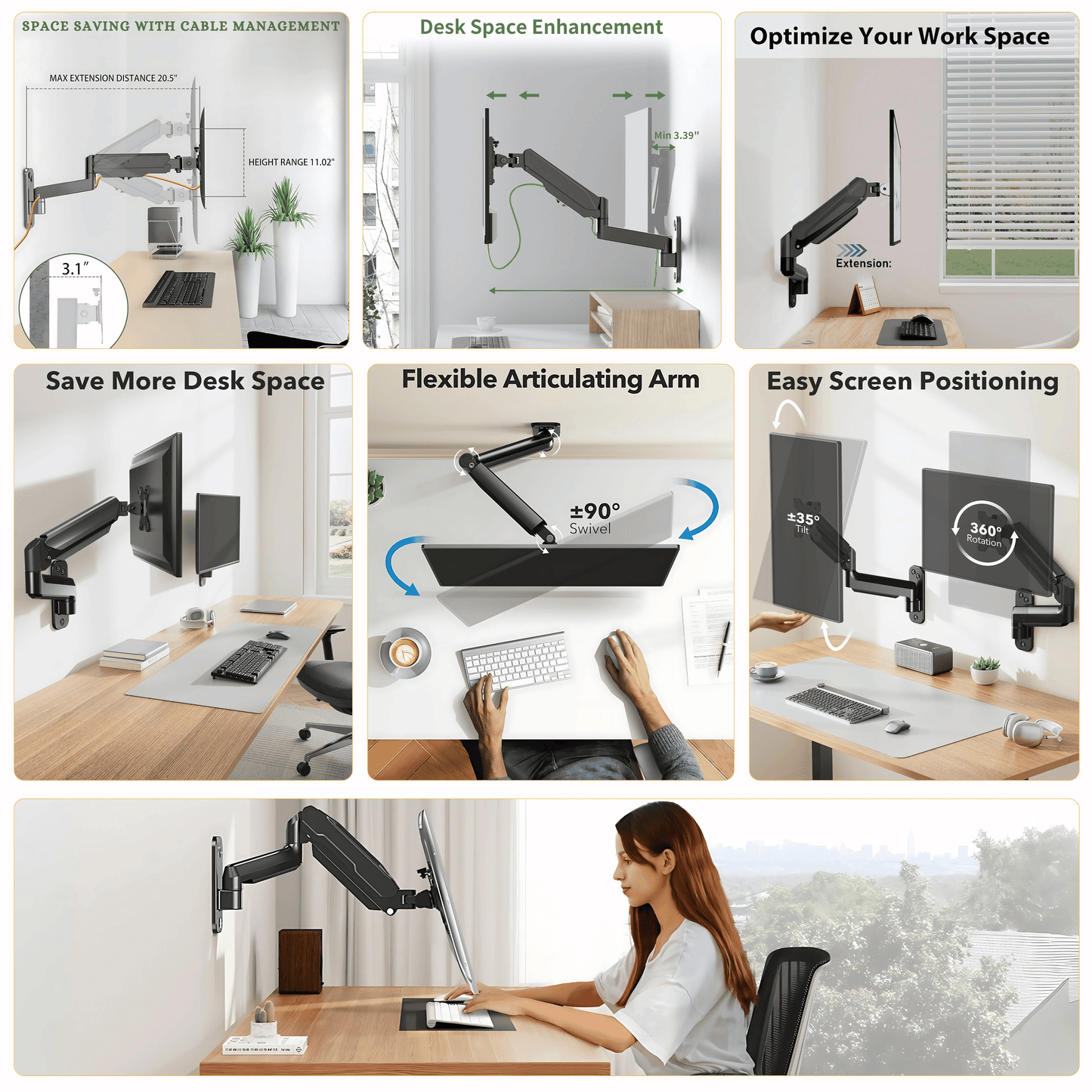 SUNCHHAYA Wall Mounted Arm for Desk, Wall Mounted Monitor Stand