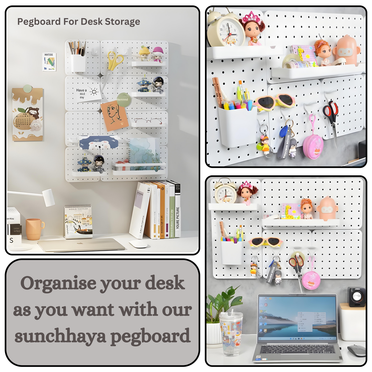 SUNCHHAYA Peg Board, Pegboard for Wall Organizer (White, Size :- 63x42 CM)