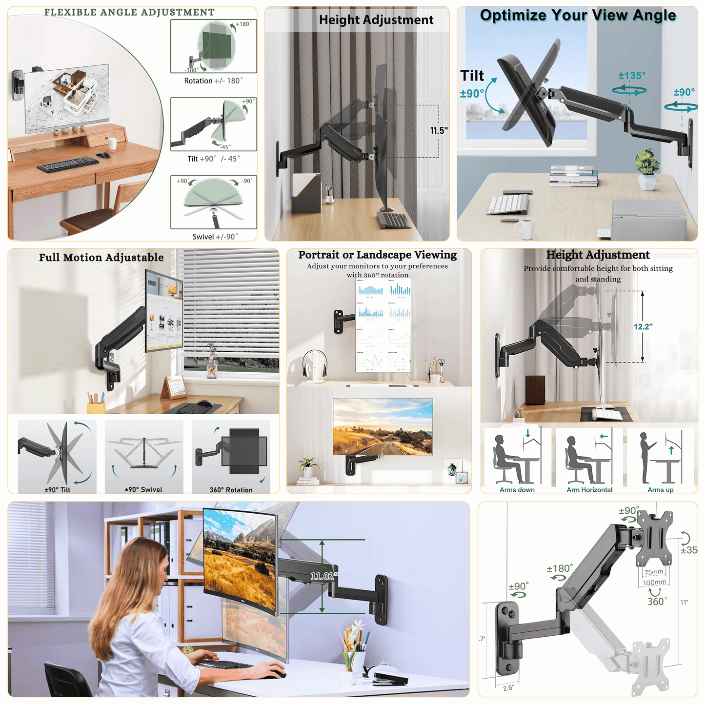 SUNCHHAYA Wall Mounted Arm for Desk, Wall Mounted Monitor Stand