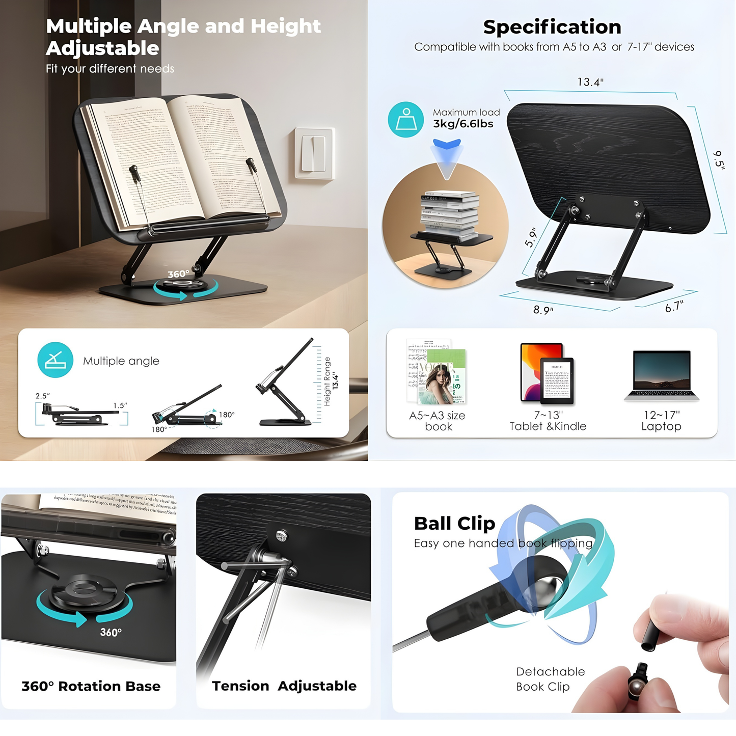 SUNCHHAYA New Book Reading Stand With Adjustable Height-Angle (R51_Black)
