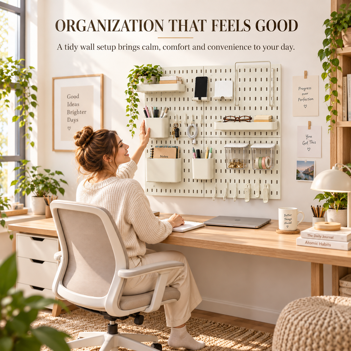 SUNCHHAYA Peg Board, Pegboard for Wall Organizer (White, 56x56 CM)