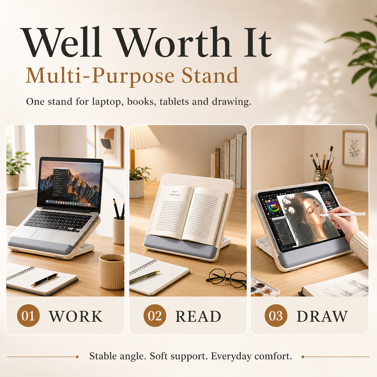 SUNCHHAYA Ipad Stand-Adjustable Reading, Writing & Drawing Stand with Soft Wrist Pad, 4 Pieces Of Silica pads Included (P29)